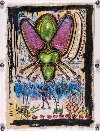 Beetlemania • acrylic & found objects on handmade paper w/wood & Plexiglas •  41 ½ x 31 ½ • $6,500